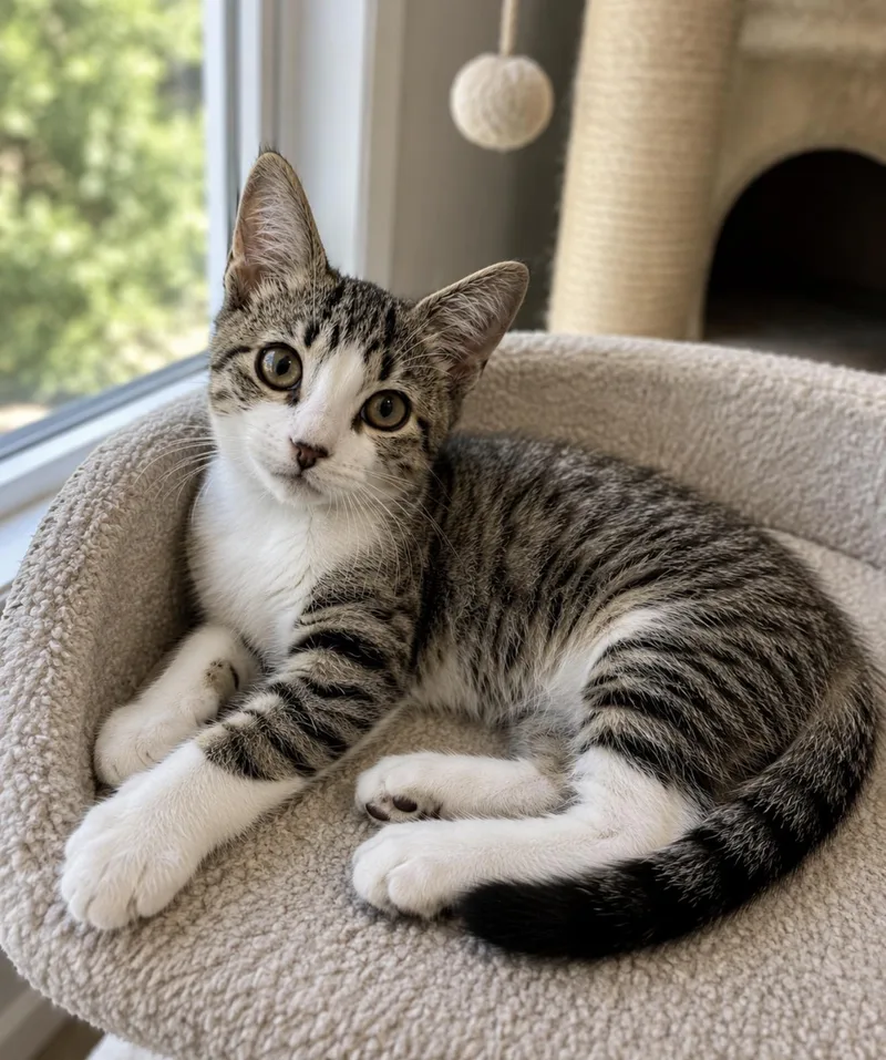 A baby small-sized male Tabby (Gray / Blue / Silver) American Shorthair cat named Pooshie for adoption in Homestead, FL