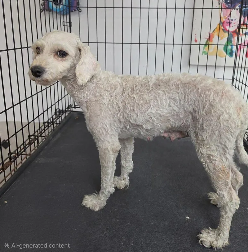 A young small-sized female White / Cream Miniature Poodle dog named Brandy for adoption in LaGrange, IN