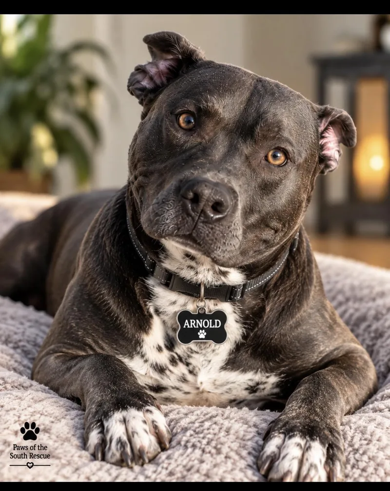 An adult large-sized male Gray / Blue / Silver Pit Bull Terrier dog named Arnold for adoption in CUMMING, GA