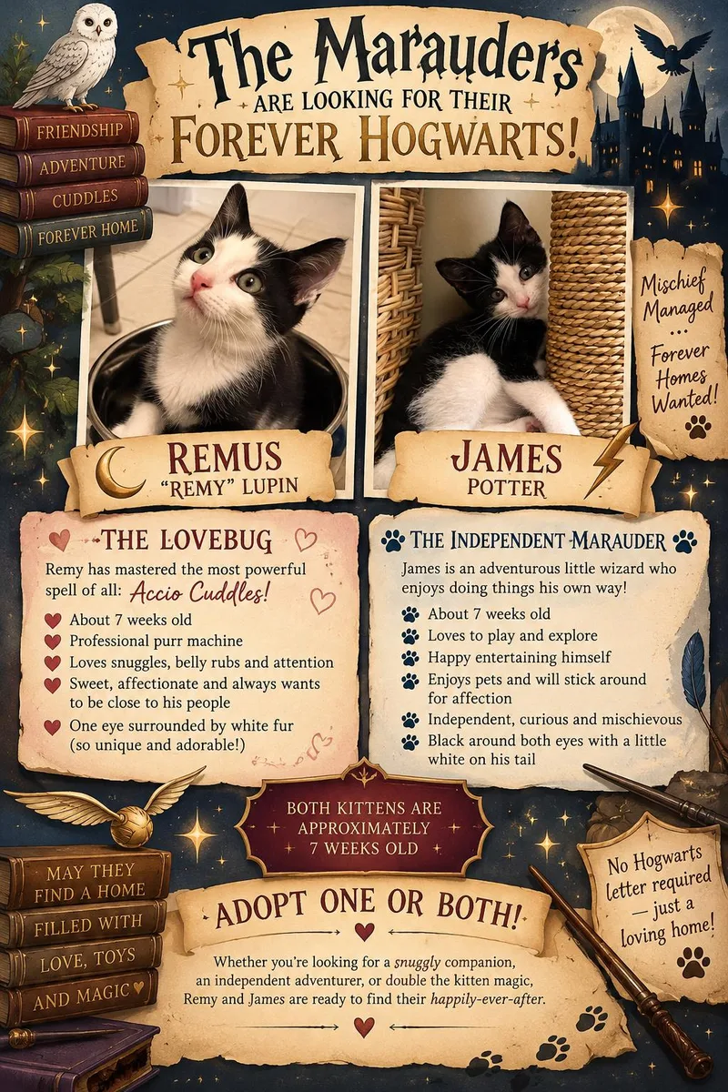 A baby medium-sized male Domestic Short Hair cat named Remus and James for adoption in Succasunna, NJ