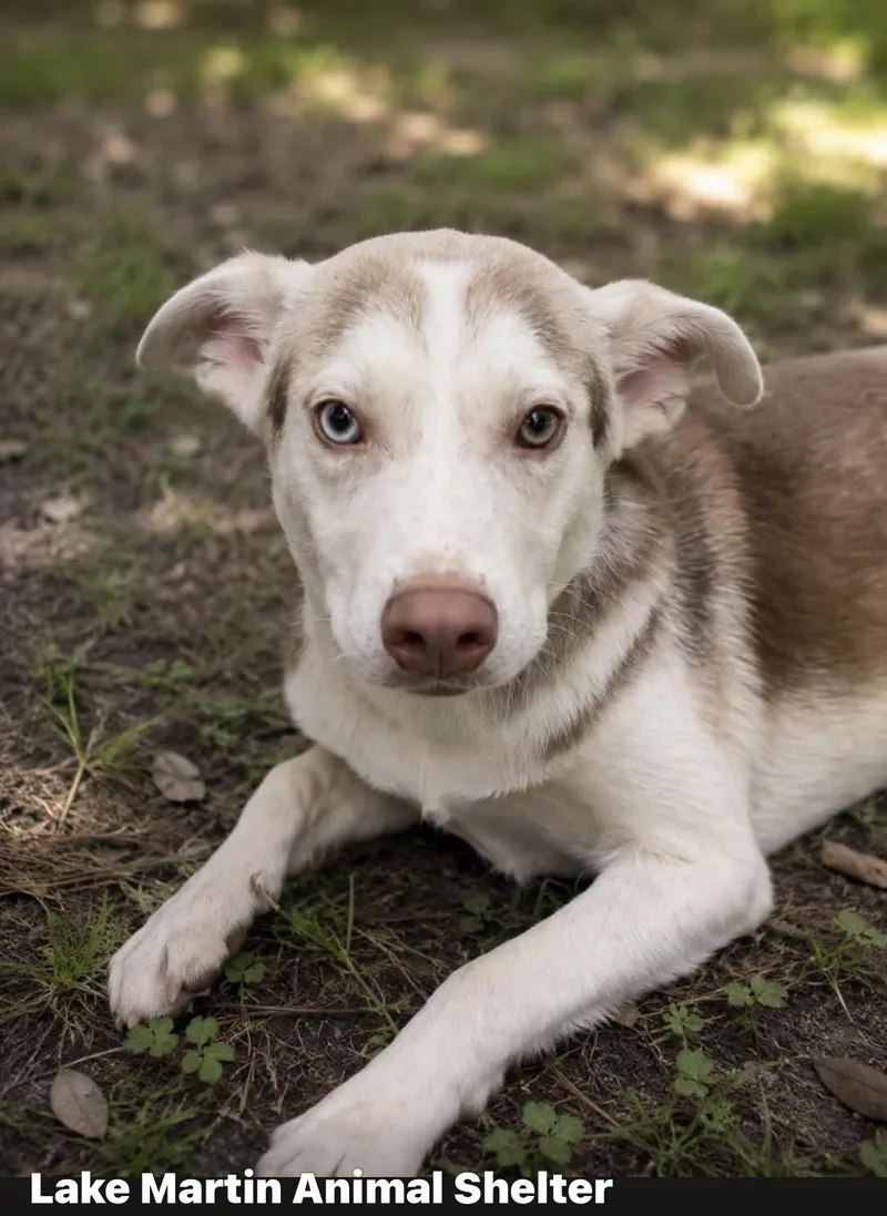 A young large-sized male White / Cream Husky dog named Briar for adoption in Alexander City, AL