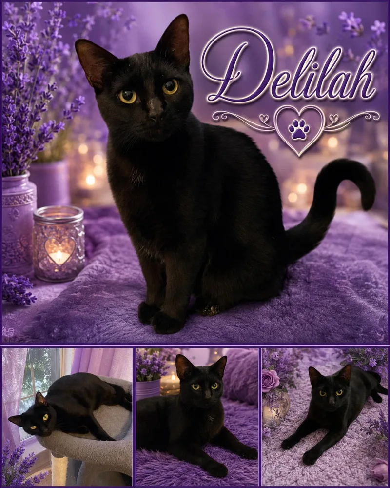 An adult medium-sized female Black Domestic Short Hair cat named Delilah for adoption in Fort Worth, TX
