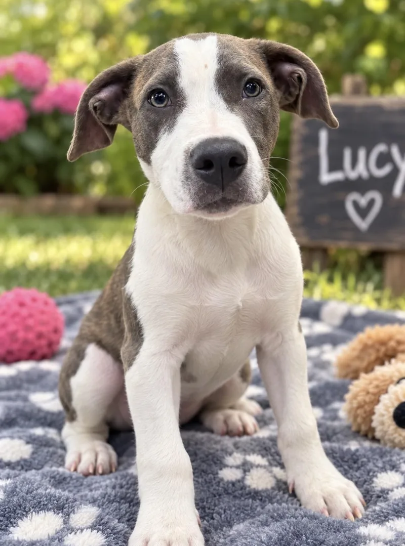 A baby medium-sized female American Staffordshire Terrier dog named Lucy for adoption in Milford, CT