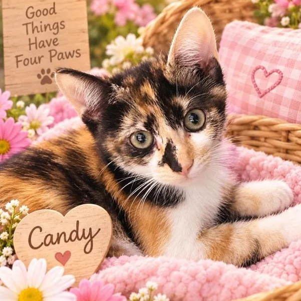 A baby medium-sized female Calico cat named Candy for adoption in Woodland Hills, CA