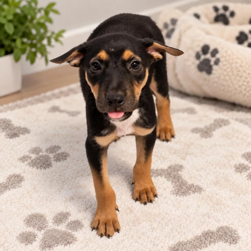 A baby medium-sized male Rottweiler dog named Binx for adoption in Brownsville, TX