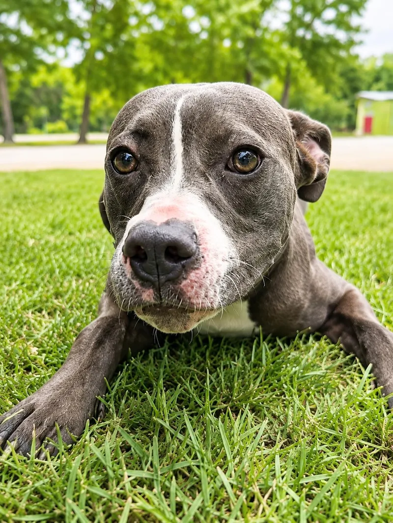 A young medium-sized female Gray / Blue / Silver American Bulldog dog named Lilo for adoption in Alexander City, AL