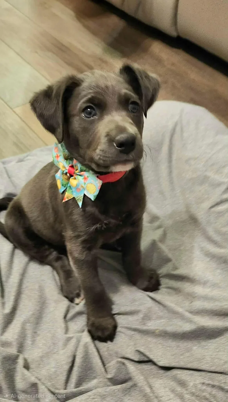 A baby medium-sized female Gray / Blue / Silver Labrador Retriever dog named Queso for adoption in Humble, TX