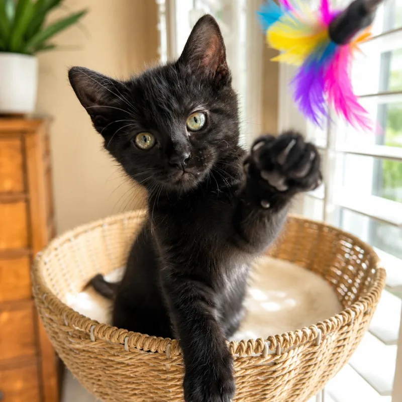 A baby small-sized male Black Domestic Short Hair cat named Keanu for adoption in League City, TX