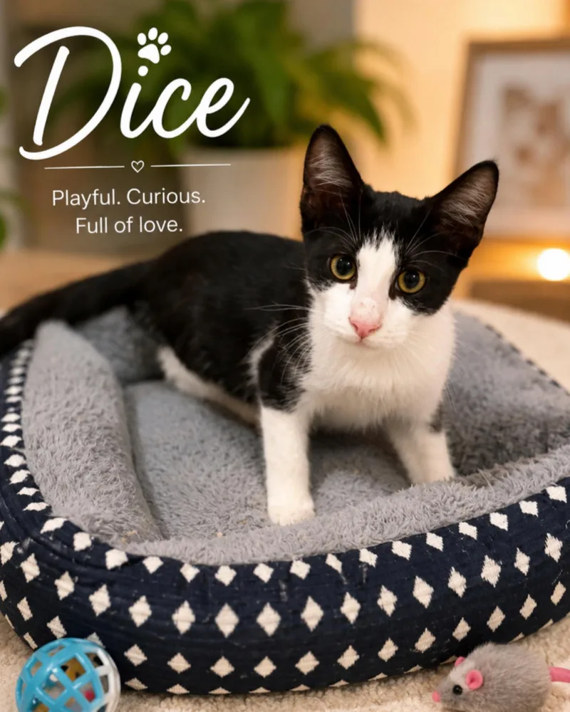 A baby medium-sized male Black & White / Tuxedo Domestic Short Hair cat named Dice for adoption in Fort Worth, TX