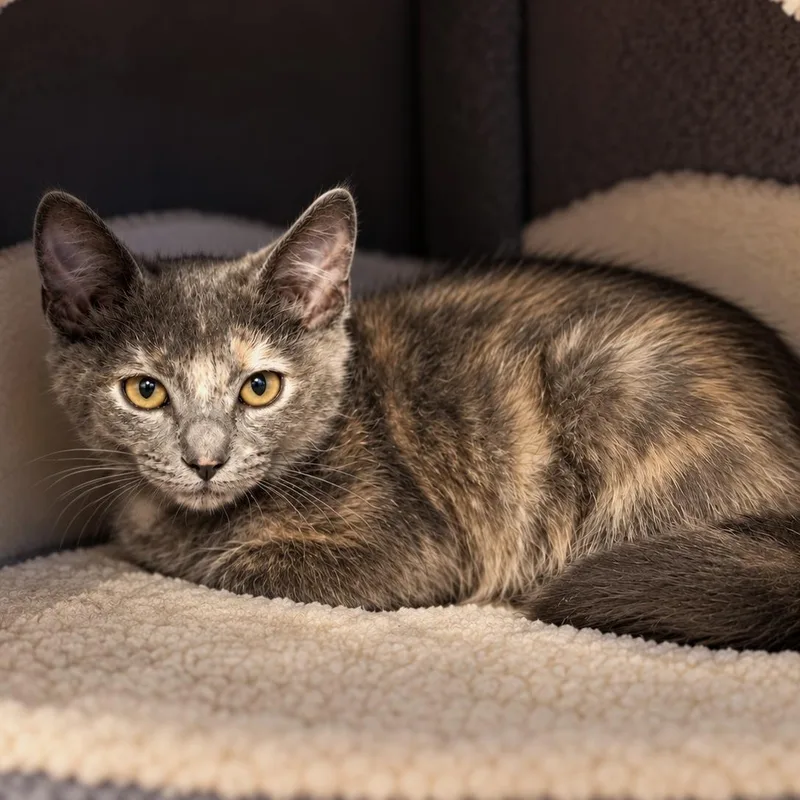 A baby small-sized female Tortoiseshell cat named Harvest for adoption in Bentonville, AR