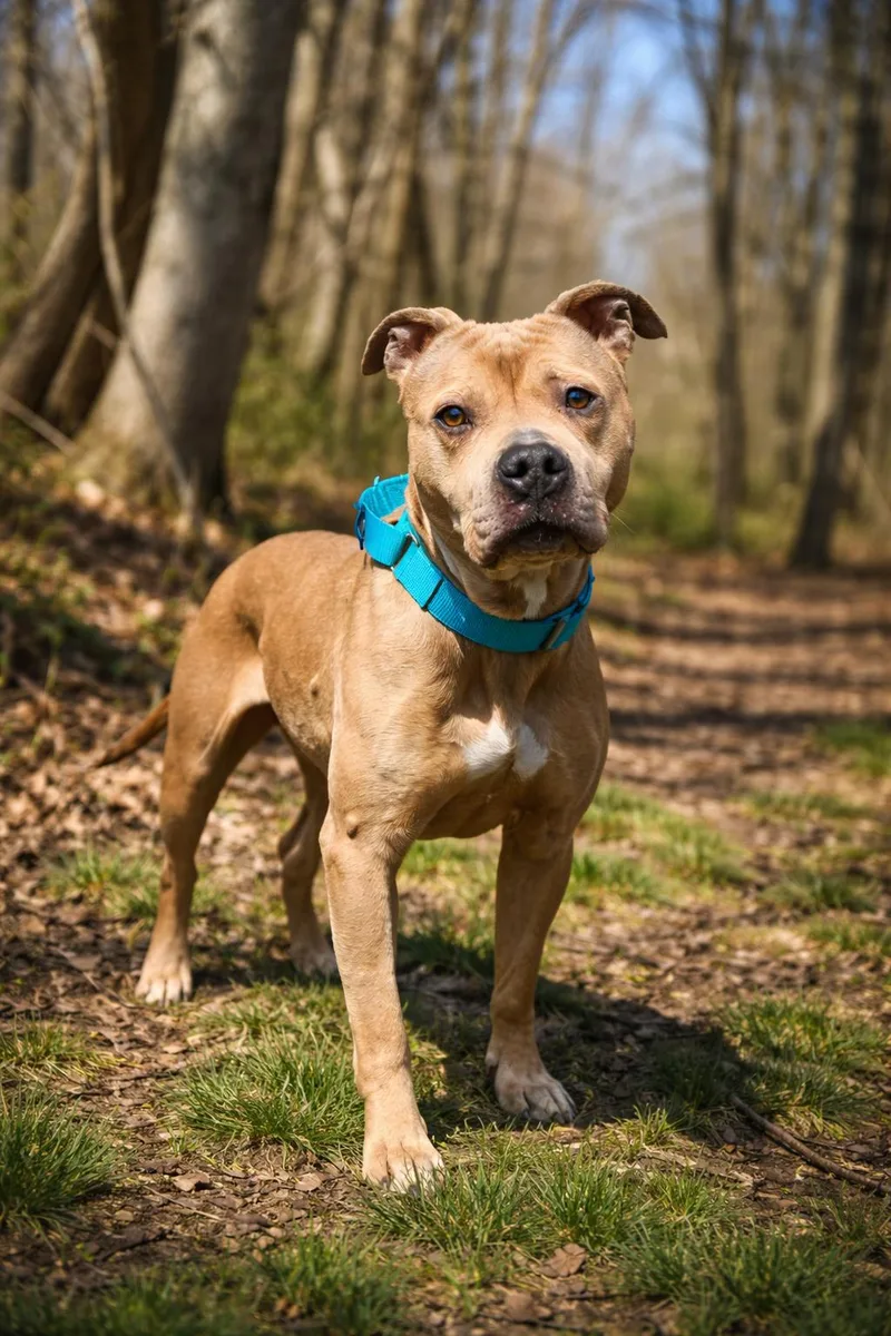 An adult medium-sized female Yellow / Tan / Blond / Fawn American Staffordshire Terrier dog named Sue for adoption in Southold, NY