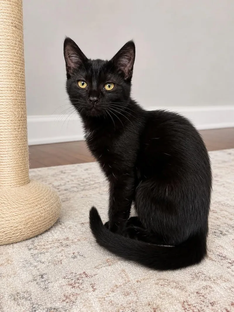A baby small-sized female Black Domestic Short Hair cat named Valak for adoption in Clarksville, TN