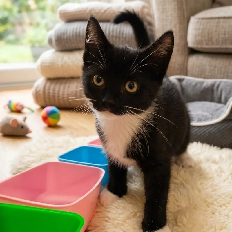A baby small-sized female Black Domestic Short Hair cat named Venti for adoption in Elwood, IN