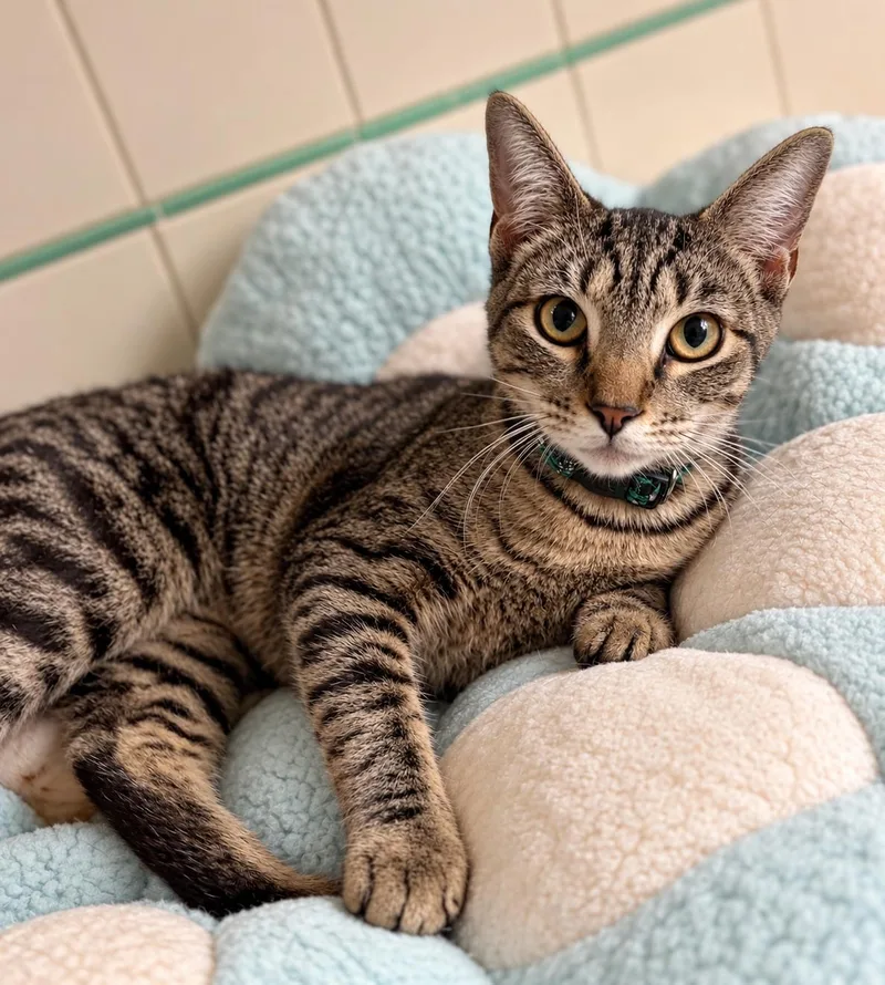 A young medium-sized female Tabby cat named Darling Daisy for adoption in Long Beach, CA