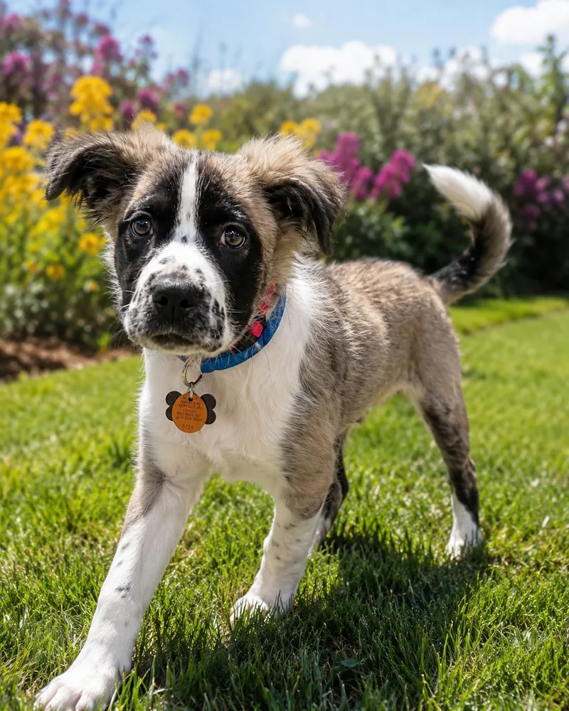 A baby medium-sized female Tricolor (Brown, Black, & White) Australian Shepherd dog named Greta for adoption in Lincolnshire, IL