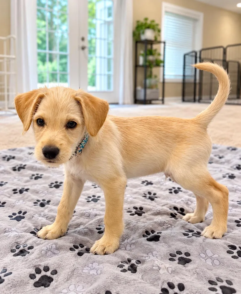 A baby medium-sized male Labradoodle dog named Goose for adoption in Brownsville, TX