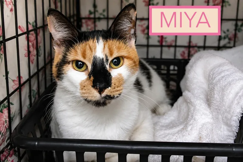 An adult medium-sized female Calico cat named Miya for adoption in Greenville, DE