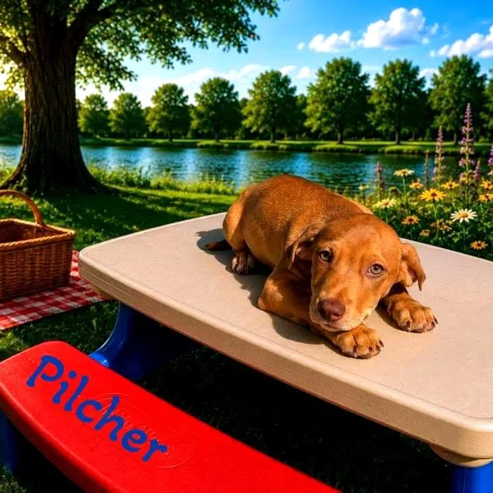 A baby medium-sized male Red / Chestnut / Orange Mixed Breed dog named Pilcher for adoption in Joliet, IL