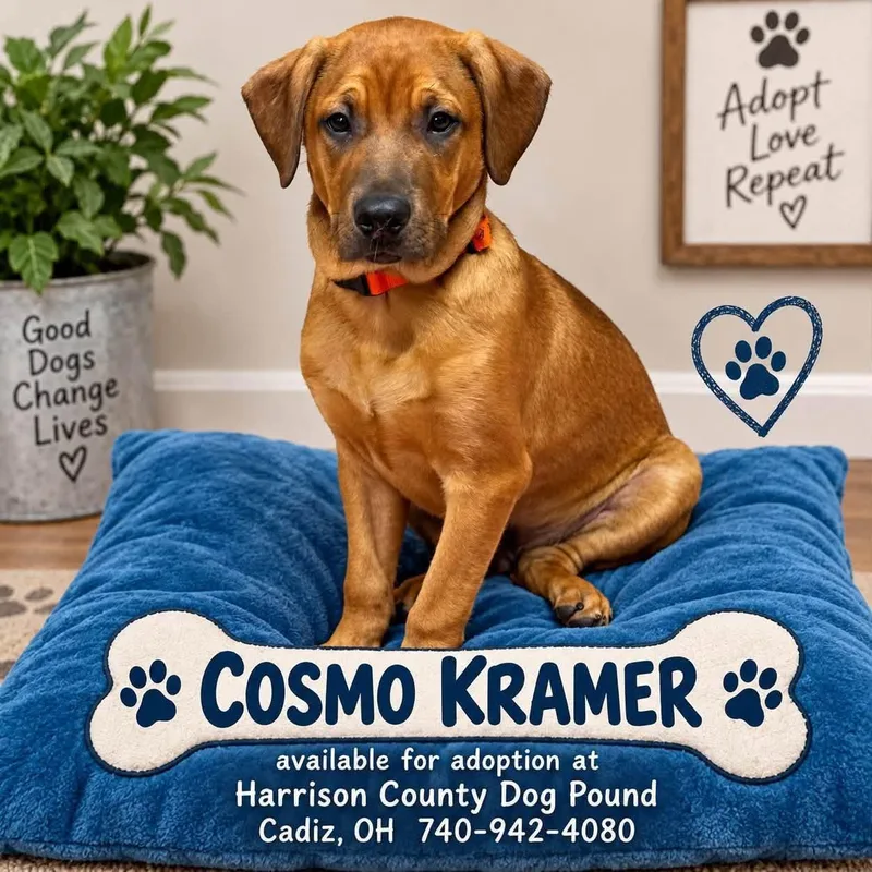 A baby medium-sized male Red / Chestnut / Orange Bullmastiff dog named Cosmo Kramer for adoption in Cadiz, OH