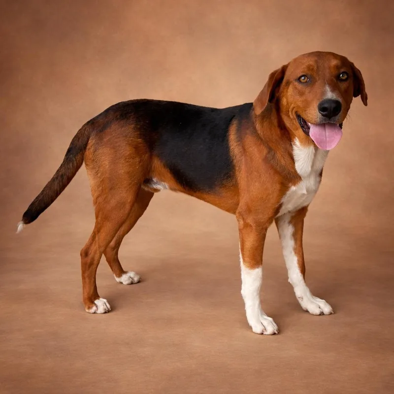 A young medium-sized male Tricolor (Brown, Black, & White) Hound dog named Hank for adoption in Heber Springs, AR