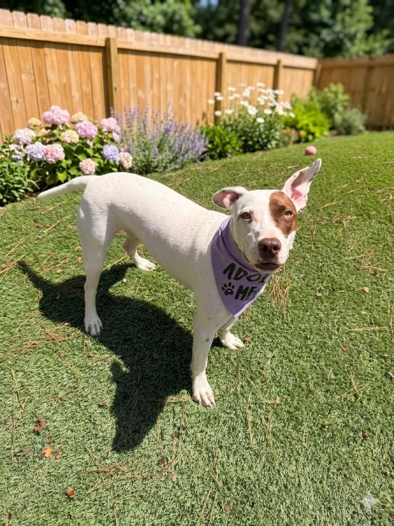 A young medium-sized female White / Cream Pit Bull Terrier dog named Carmella for adoption in Willis, TX