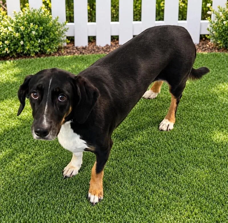 A young medium-sized female Basset Hound dog named Lola for adoption in Windsor, CO