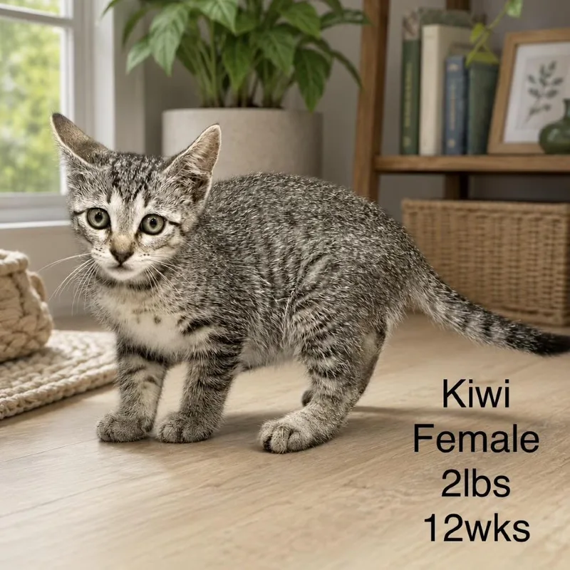 A baby small-sized female Black Domestic Short Hair cat named Kiwi for adoption in Leander, TX