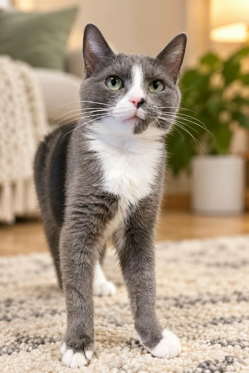 A young medium-sized female Gray & White Domestic Short Hair cat named Trixie for adoption in Freeport, IL