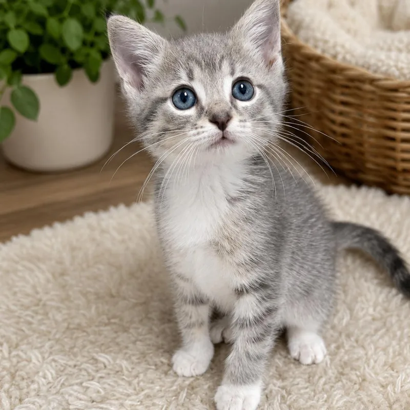 A baby small-sized male Gray / Blue / Silver Domestic Short Hair cat named Flip for adoption in Walnut Cove, NC