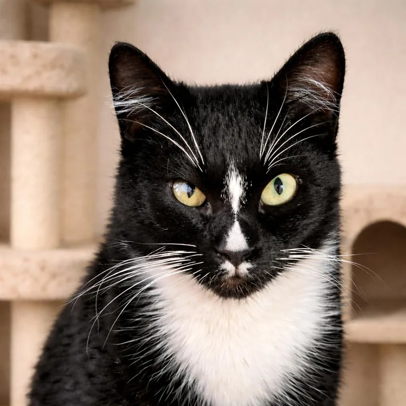 A young medium-sized female Black & White / Tuxedo Tuxedo cat named Gia — Everyone Scrolls for adoption in Hillsboro, TX