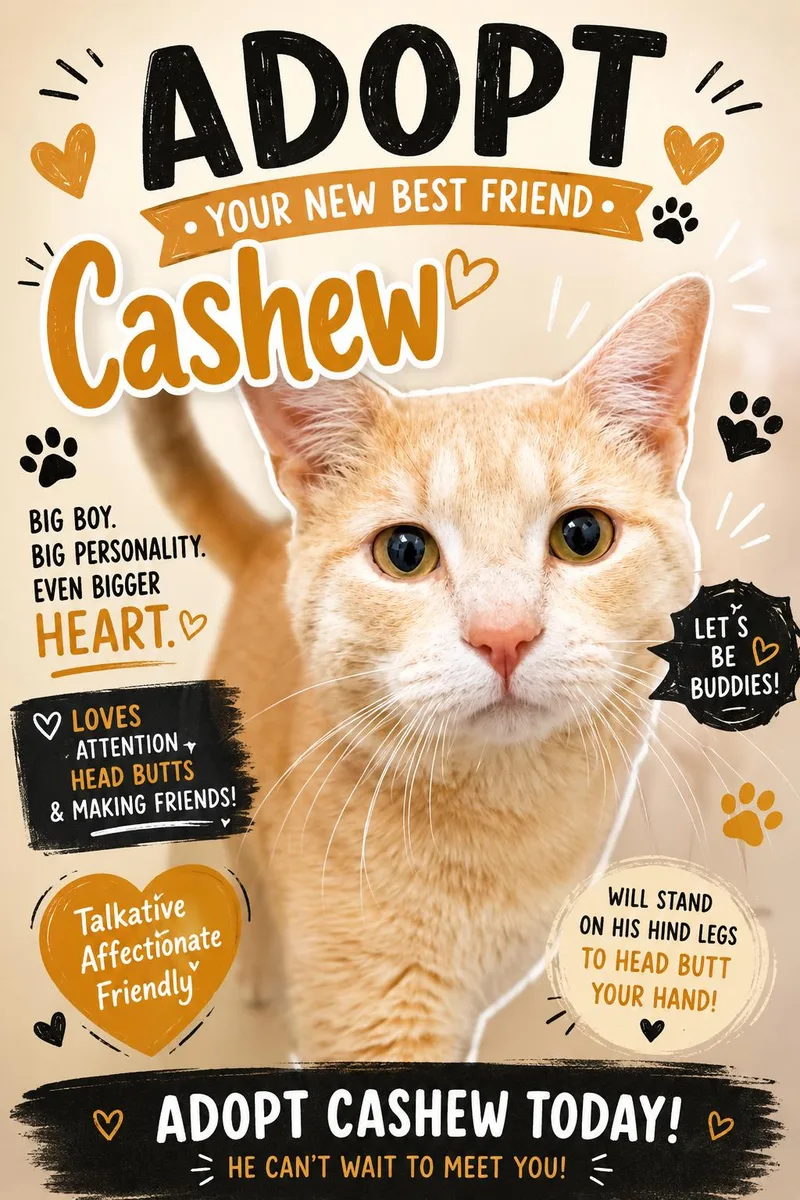 An adult medium-sized male Tabby cat named Cashew for adoption in Greenville, DE
