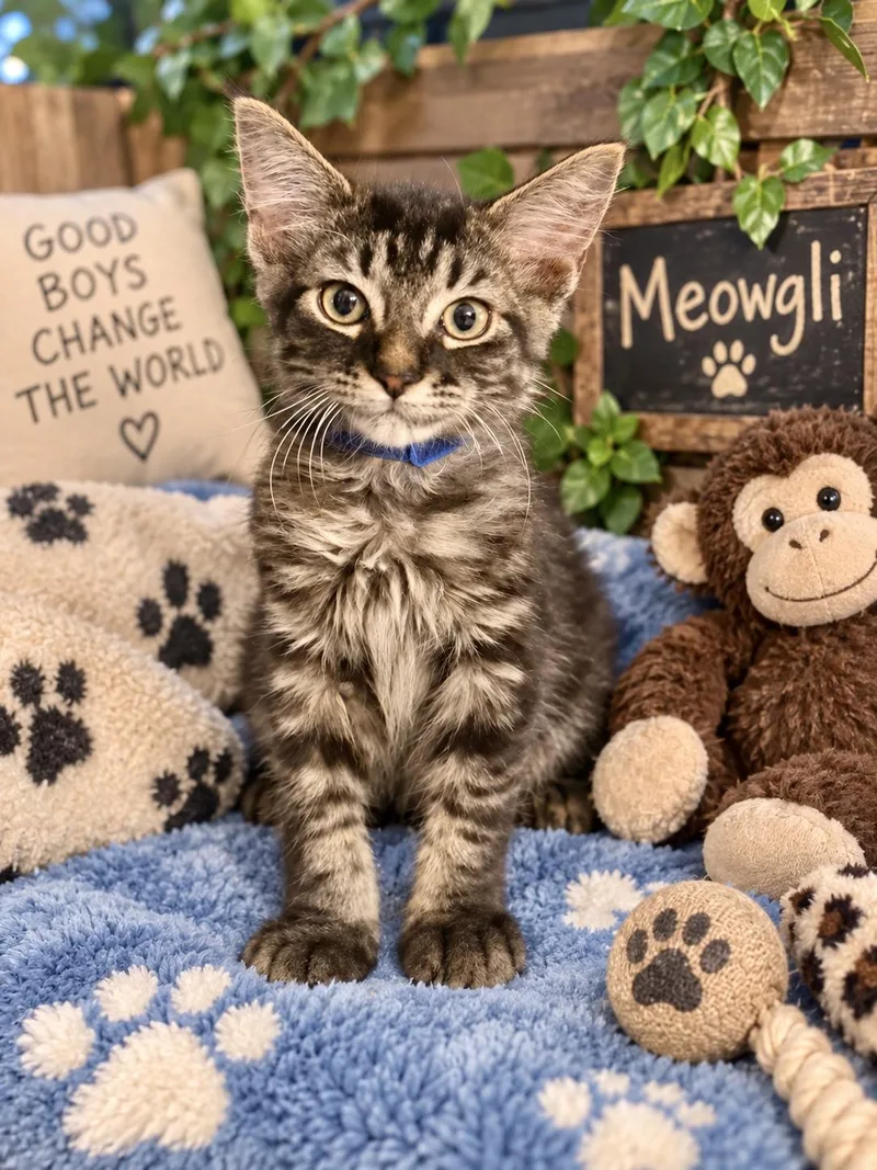 A baby medium-sized male Maine Coon cat named Meowgli for adoption in Tavares, FL