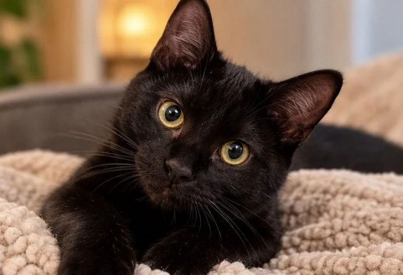 A young medium-sized female Black Bombay cat named Aries for adoption in Knoxville, TN