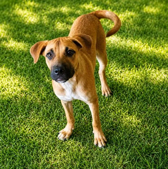 A young medium-sized male Black Mouth Cur dog named Perch for adoption in Bandera, TX