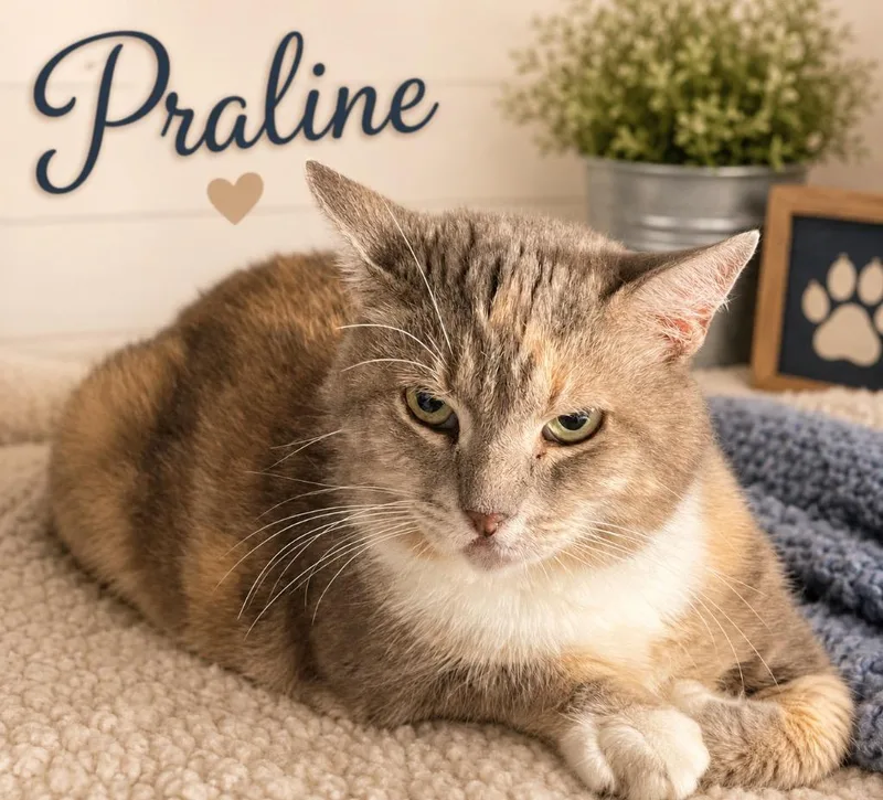 A young large-sized female Domestic Short Hair cat named Praline for adoption in Dalton, GA