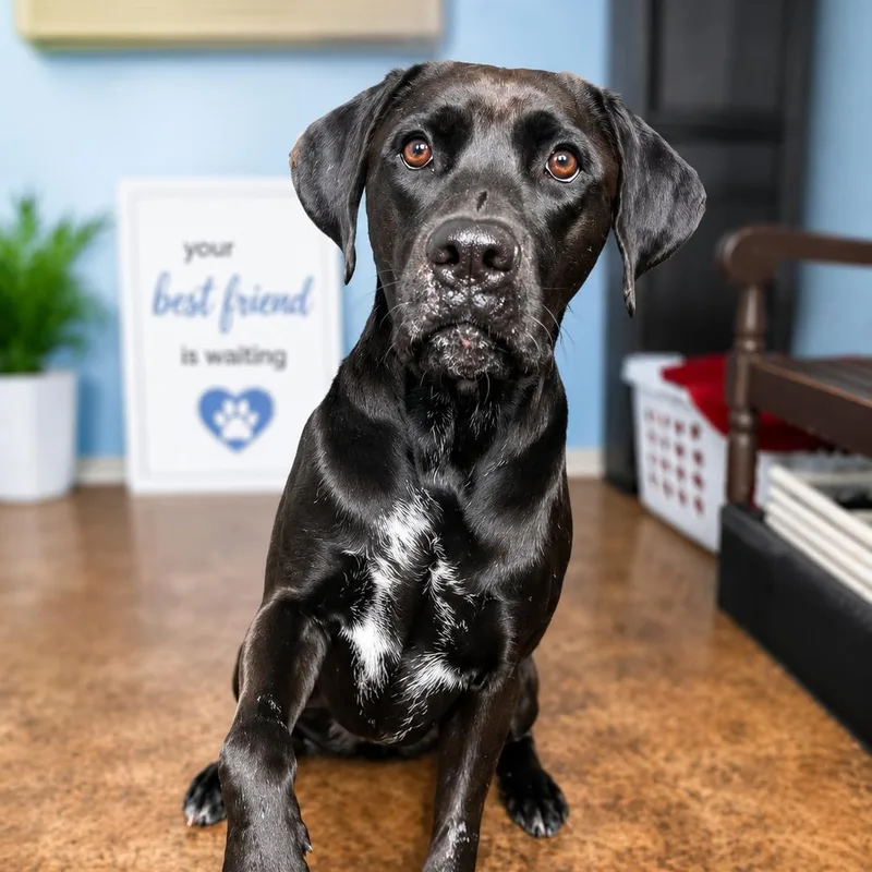 A young large-sized female Black Labrador Retriever dog named Adalaide for adoption in House Springs, MO