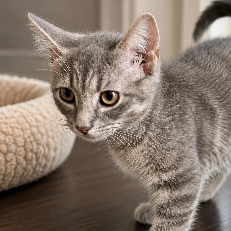 A baby small-sized female Gray / Blue / Silver Domestic Short Hair cat named Muffet for adoption in Westhampton, NY