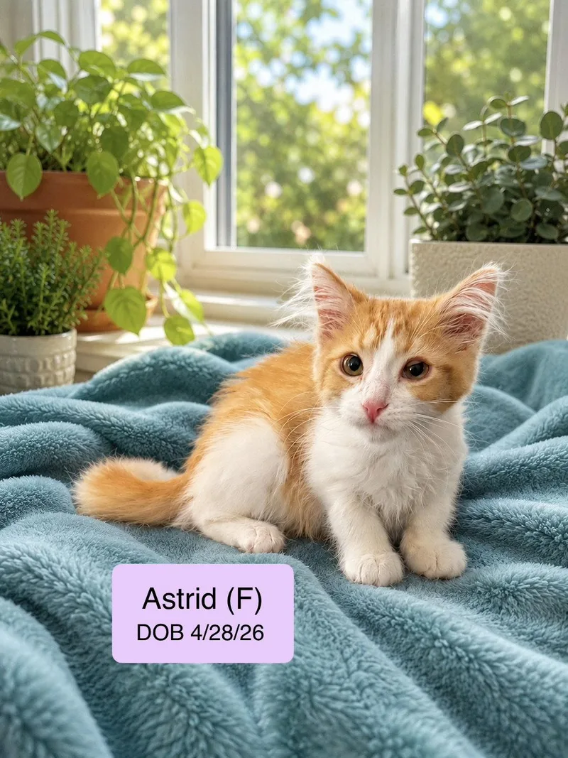 A baby medium-sized female Orange & White Domestic Long Hair cat named Astrid for adoption in Vacaville, CA