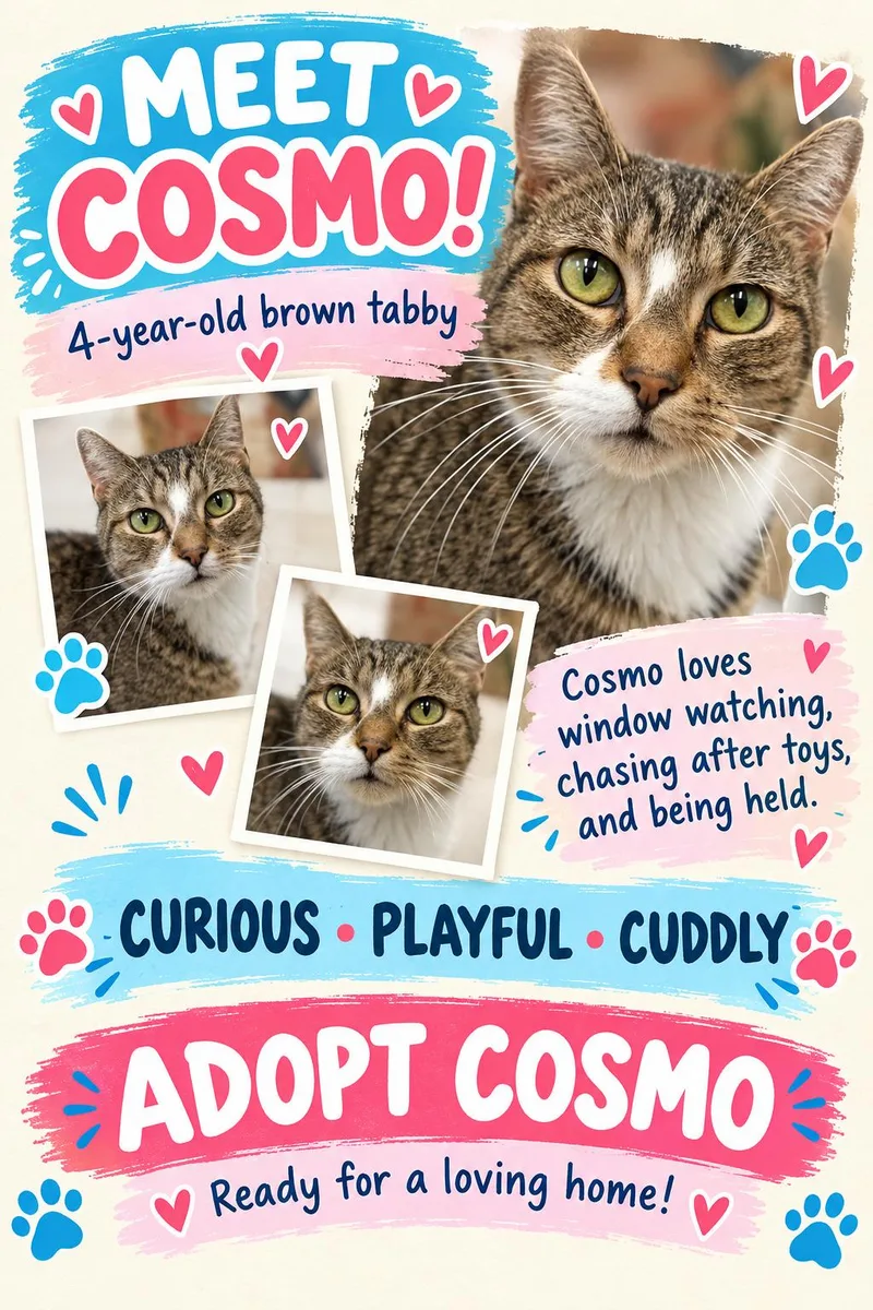 An adult medium-sized male Tabby (Brown / Chocolate) Domestic Short Hair cat named Cosmo for adoption in Southold, NY