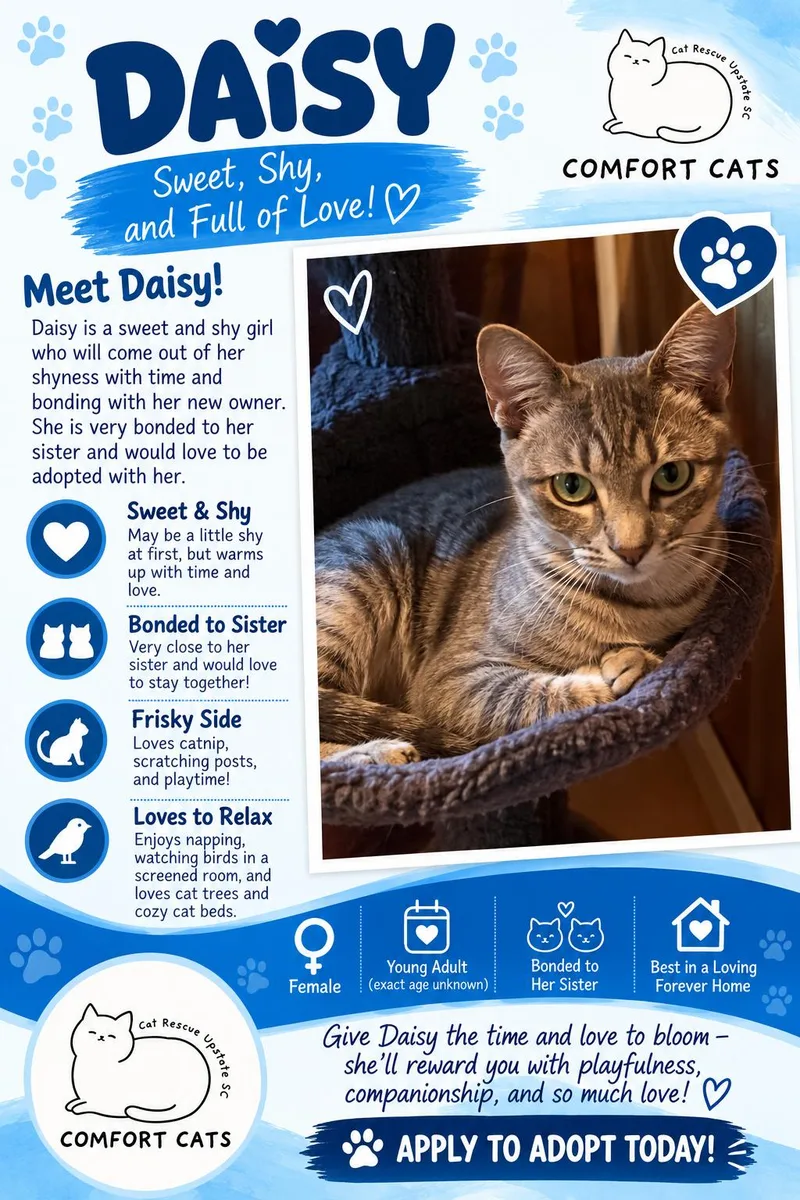 A young medium-sized female Tabby (Gray / Blue / Silver) Domestic Short Hair cat named Daisy. for adoption in Moore, SC