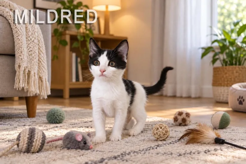 A baby small-sized female Black & White / Tuxedo Domestic Short Hair cat named Mildred for adoption in Hudson, NH