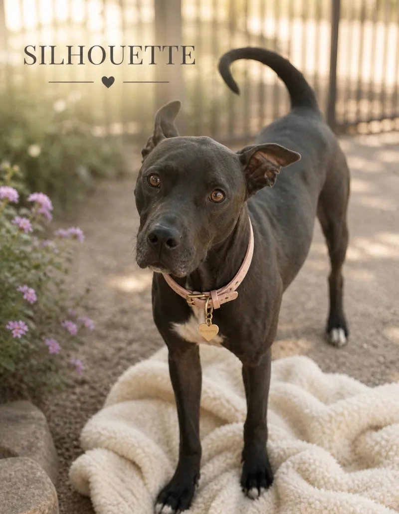 A young medium-sized female Black Pit Bull Terrier dog named Miss Silhouette  With for adoption in Houston, TX