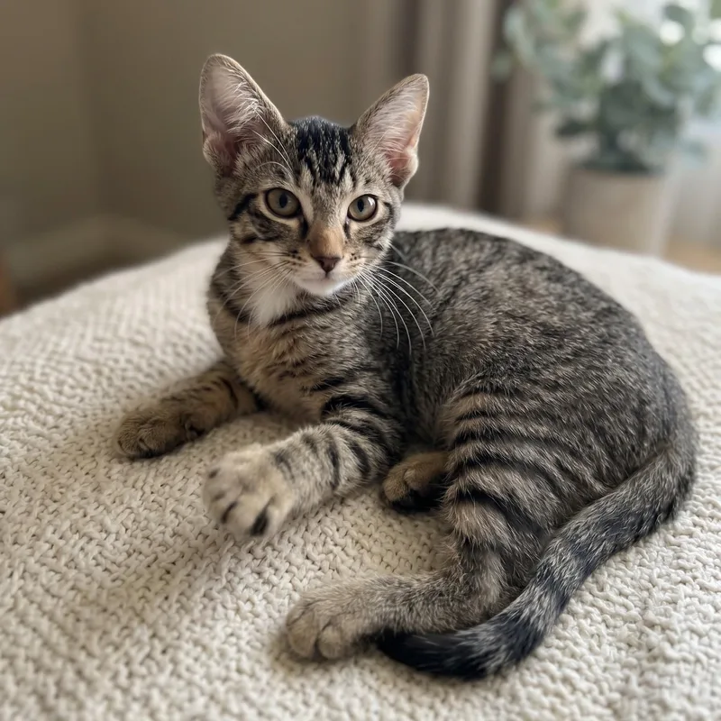 A baby medium-sized female Tabby (Brown / Chocolate) Domestic Short Hair cat named Cerise for adoption in Allen, TX