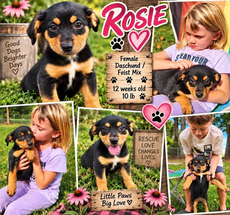 A baby small-sized female Tricolor (Brown, Black, & White) Dachshund dog named Rosie for adoption in Jackson, TN