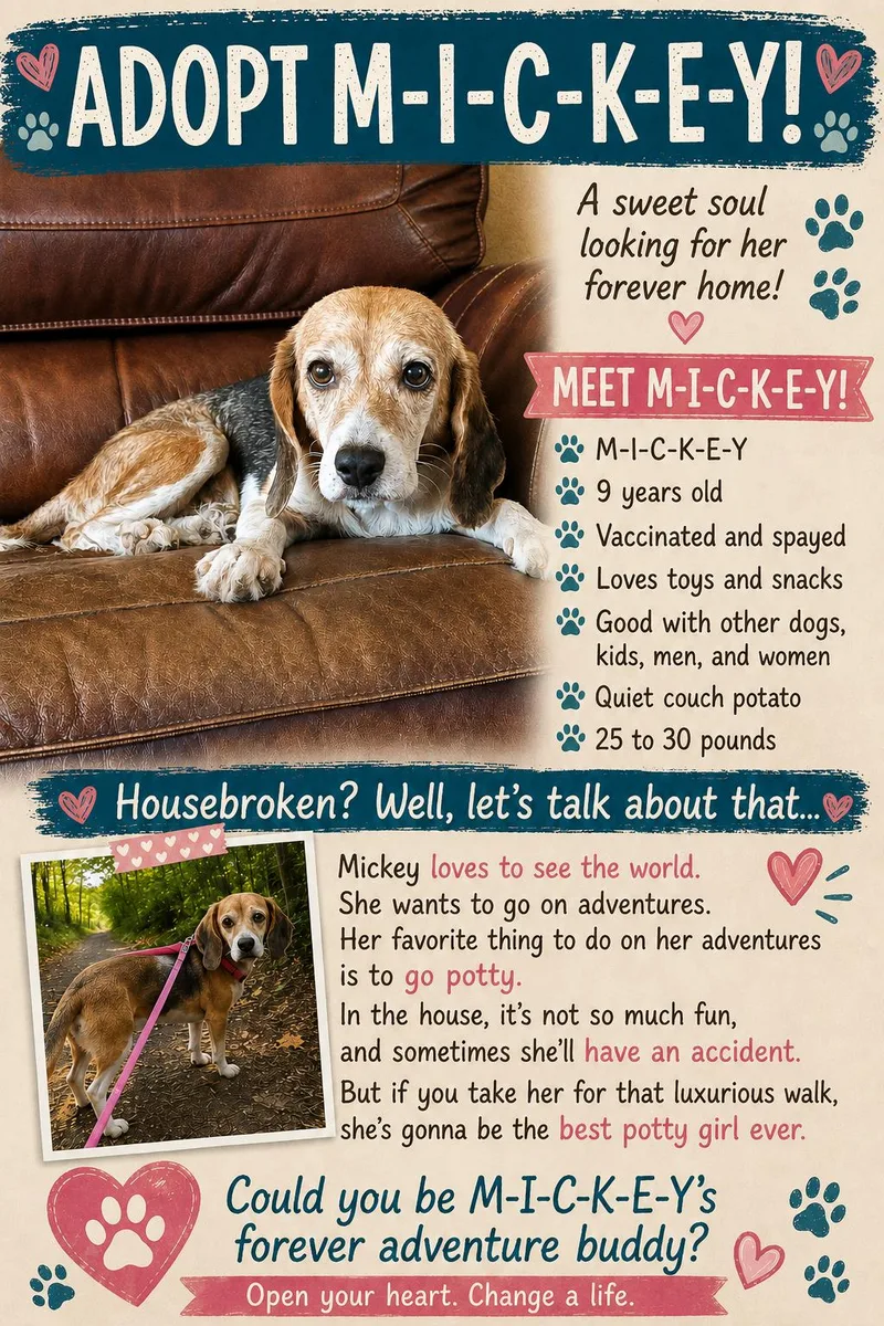 A senior medium-sized female Beagle dog named Mickey for adoption in Scranton, PA