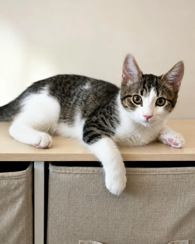 A baby medium-sized male Tabby cat named Oscar for adoption in Campbell, CA
