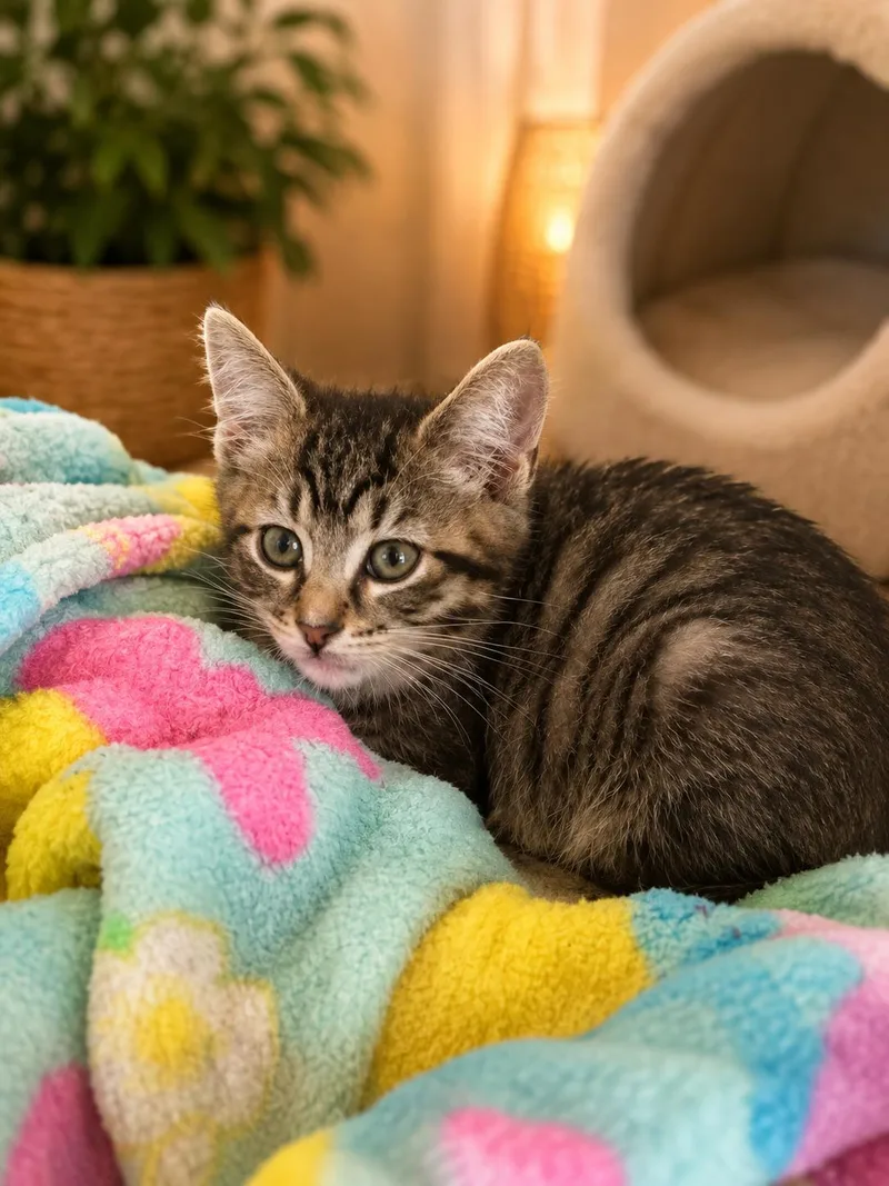 A baby medium-sized female Tabby (Brown / Chocolate) Domestic Short Hair cat named Chutney for adoption in Santa Cruz, CA