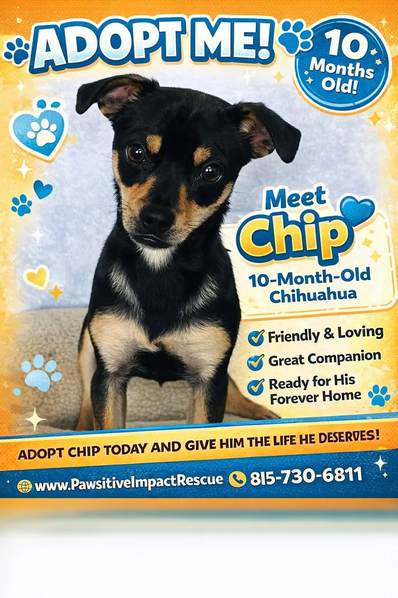 A young small-sized male Tricolor (Brown, Black, & White) Chihuahua dog named Chip for adoption in Joliet, IL