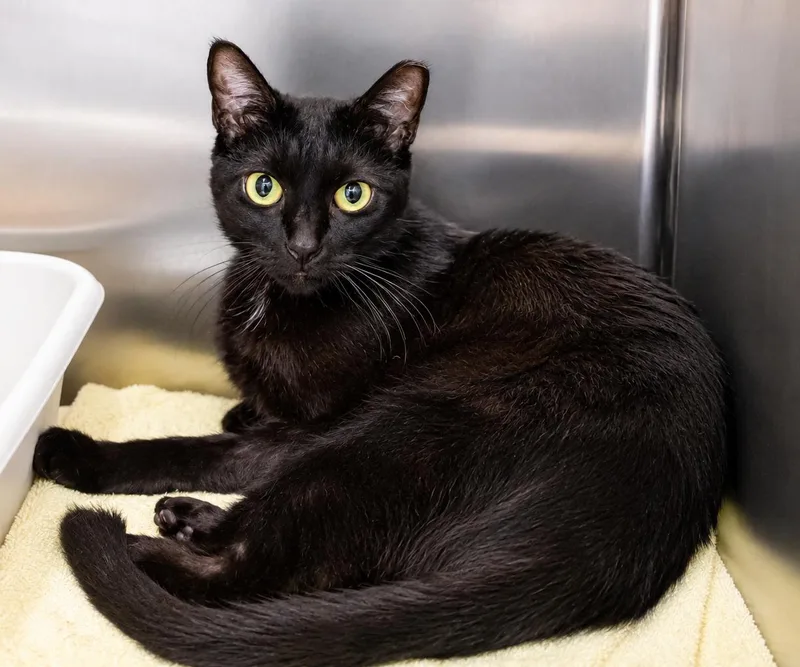 A young medium-sized female Black Domestic Short Hair cat named Calypso for adoption in Greenville, DE