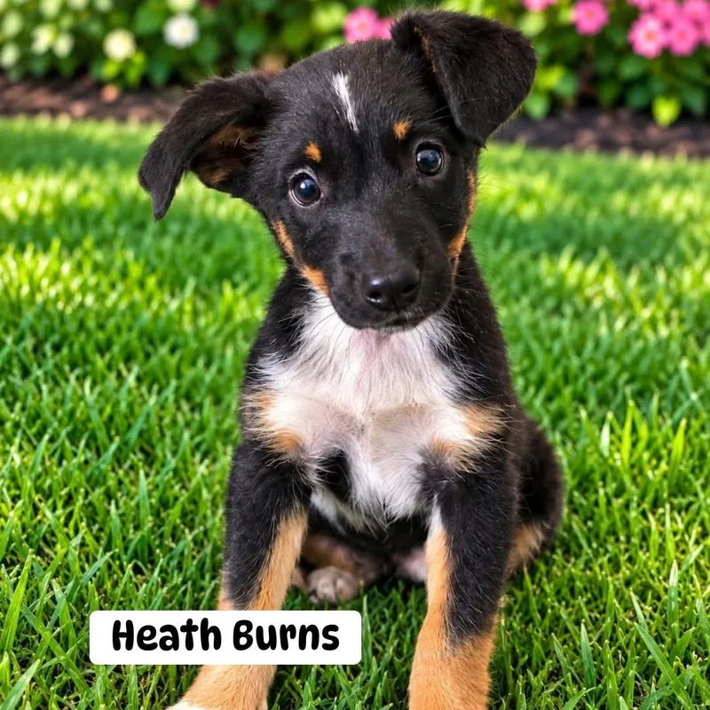 A baby medium-sized male Tricolor (Brown, Black, & White) Mixed Breed dog named Heath Burns for adoption in Brewton, AL